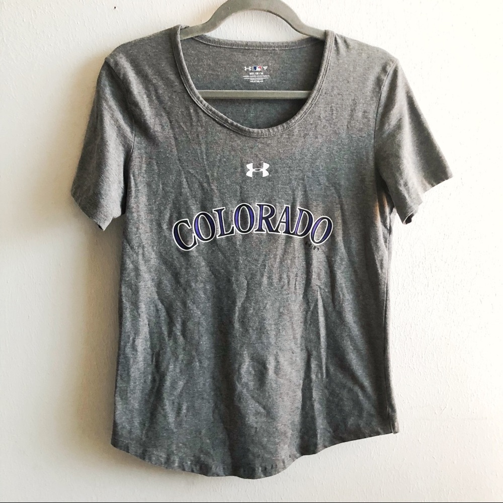 Under Armour T Colorado Rockies Baseball Scoop Neck Tee MLB Grey Purple Sz M EUC